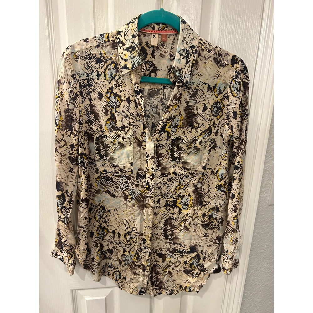 Pilcro Button Down Blouse Multi Abstract Snakeskin Animal Print Top XXS